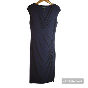 Lauren Ralph Lauren Bodycon Dress Womens 8 Navy Blue Ruched Slinky Knit